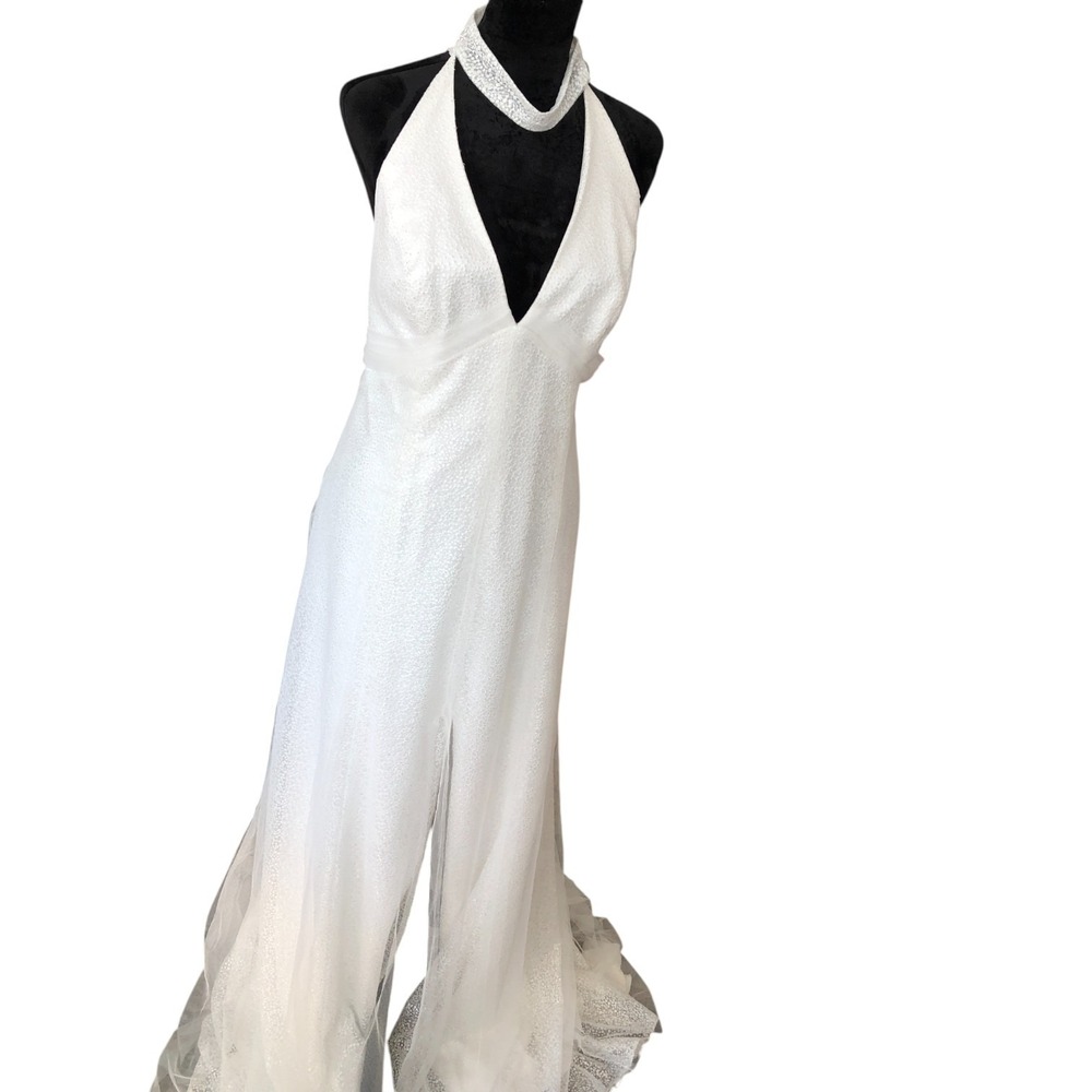 Vera Wang  Sexy Elegant White High Slit Sequin Gown‎ With Plunging Choker Neck